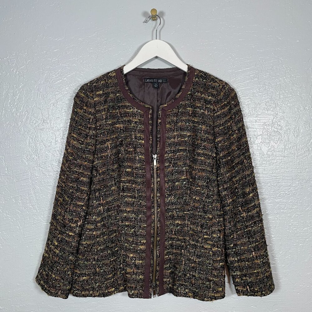 LAFAYETTE 148 Women 6 Brown Tweed Zip Up Blazer Suit Jacket Business Career